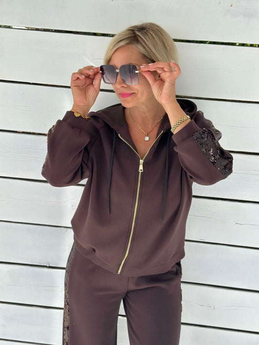 LEO & UGO Glamour-Sweatjacke in Schokobraun mit Pailletten