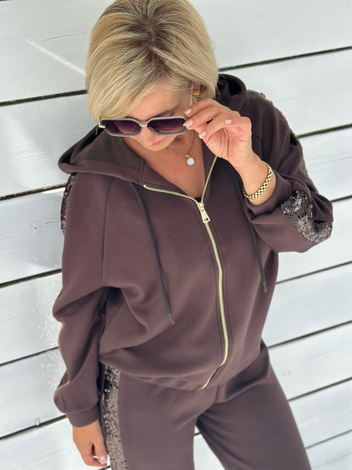 LEO & UGO Glamour-Sweatjacke in Schokobraun mit Pailletten