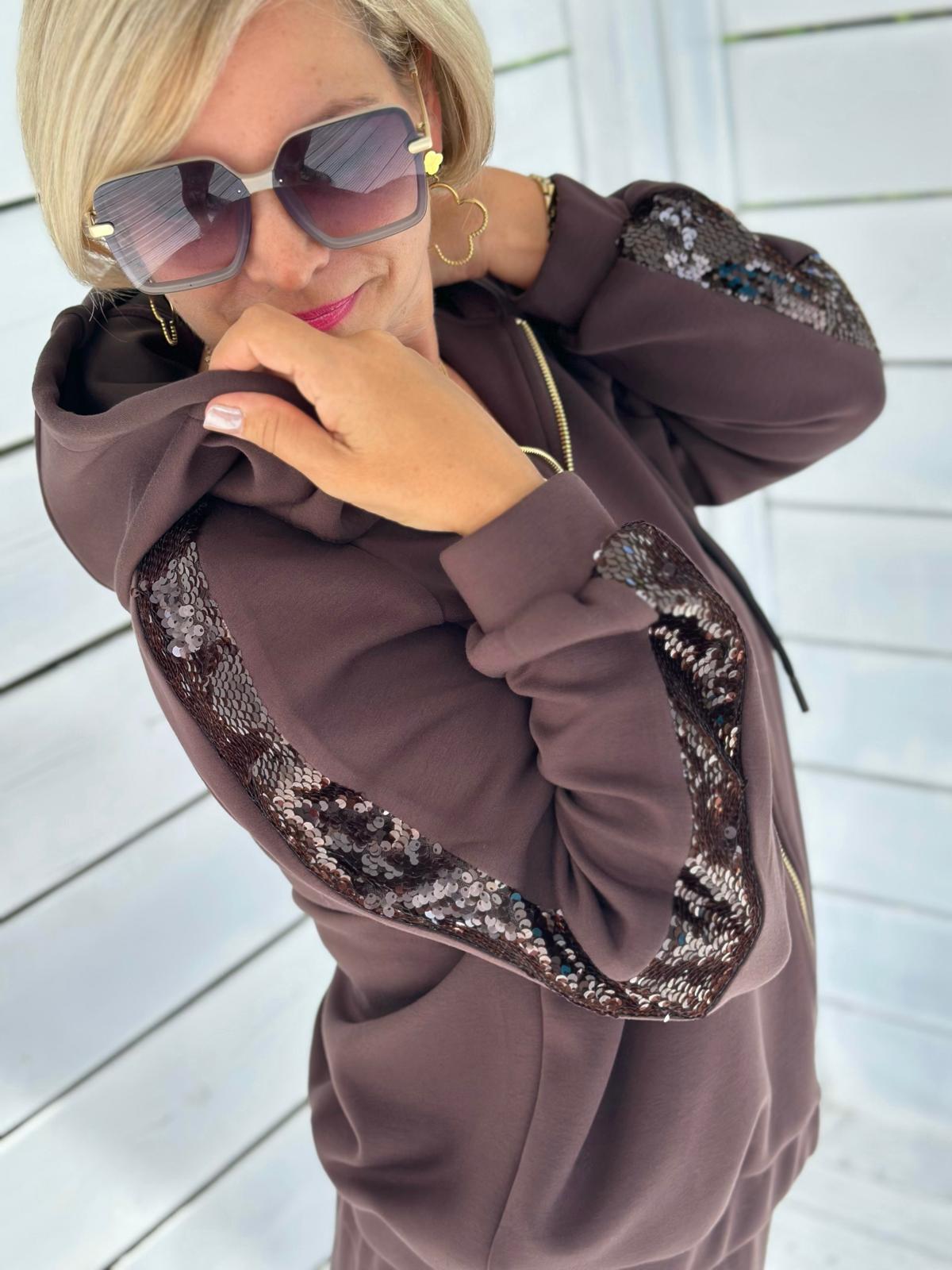 LEO & UGO Glamour-Sweatjacke in Schokobraun mit Pailletten