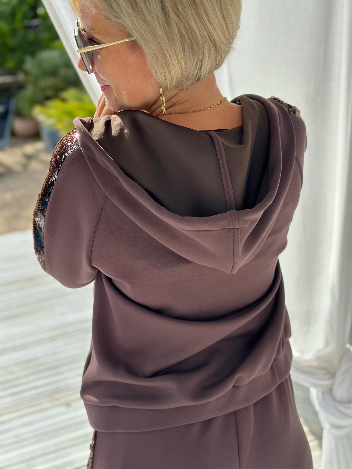 LEO & UGO Glamour-Sweatjacke in Schokobraun mit Pailletten