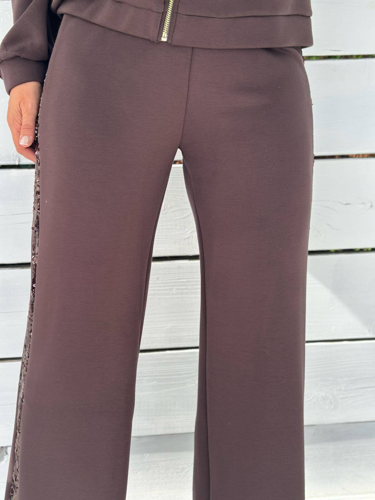 LEO & UGO Wide-Leg Hose in Schokobraun mit Paillettenstreifen