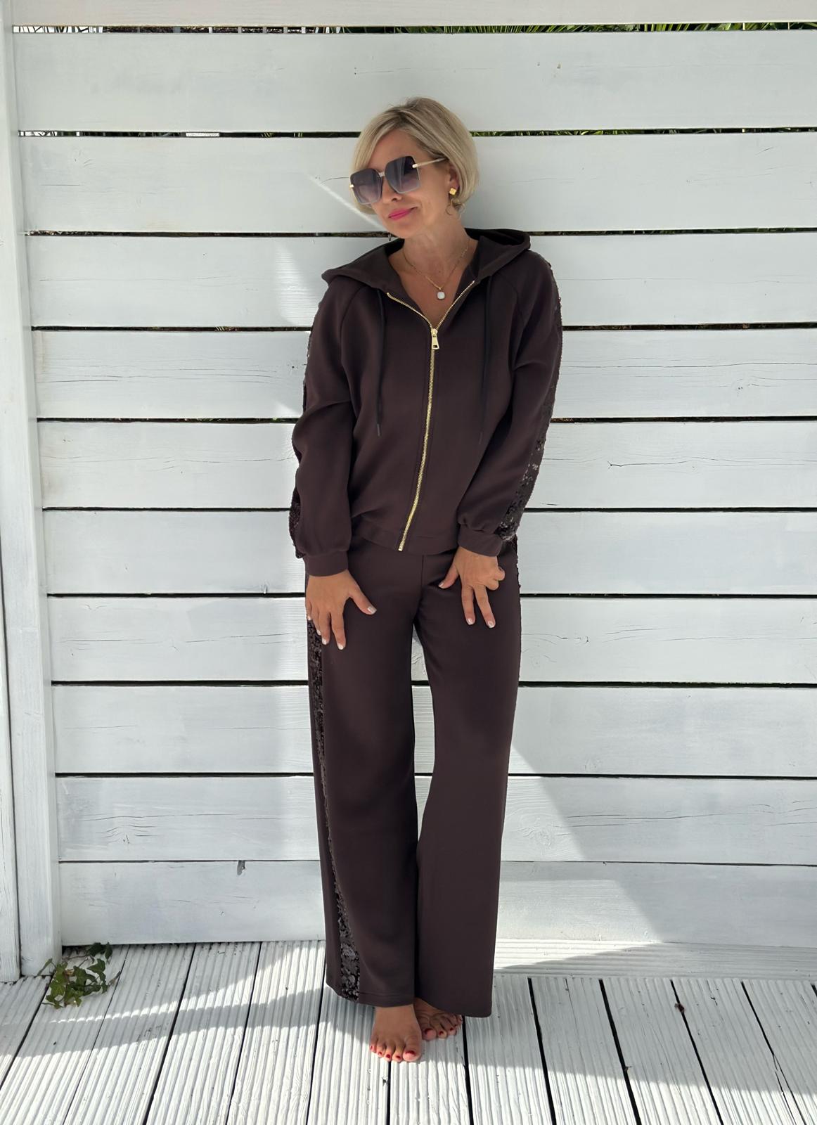 LEO & UGO Glamour-Sweatjacke in Schokobraun mit Pailletten