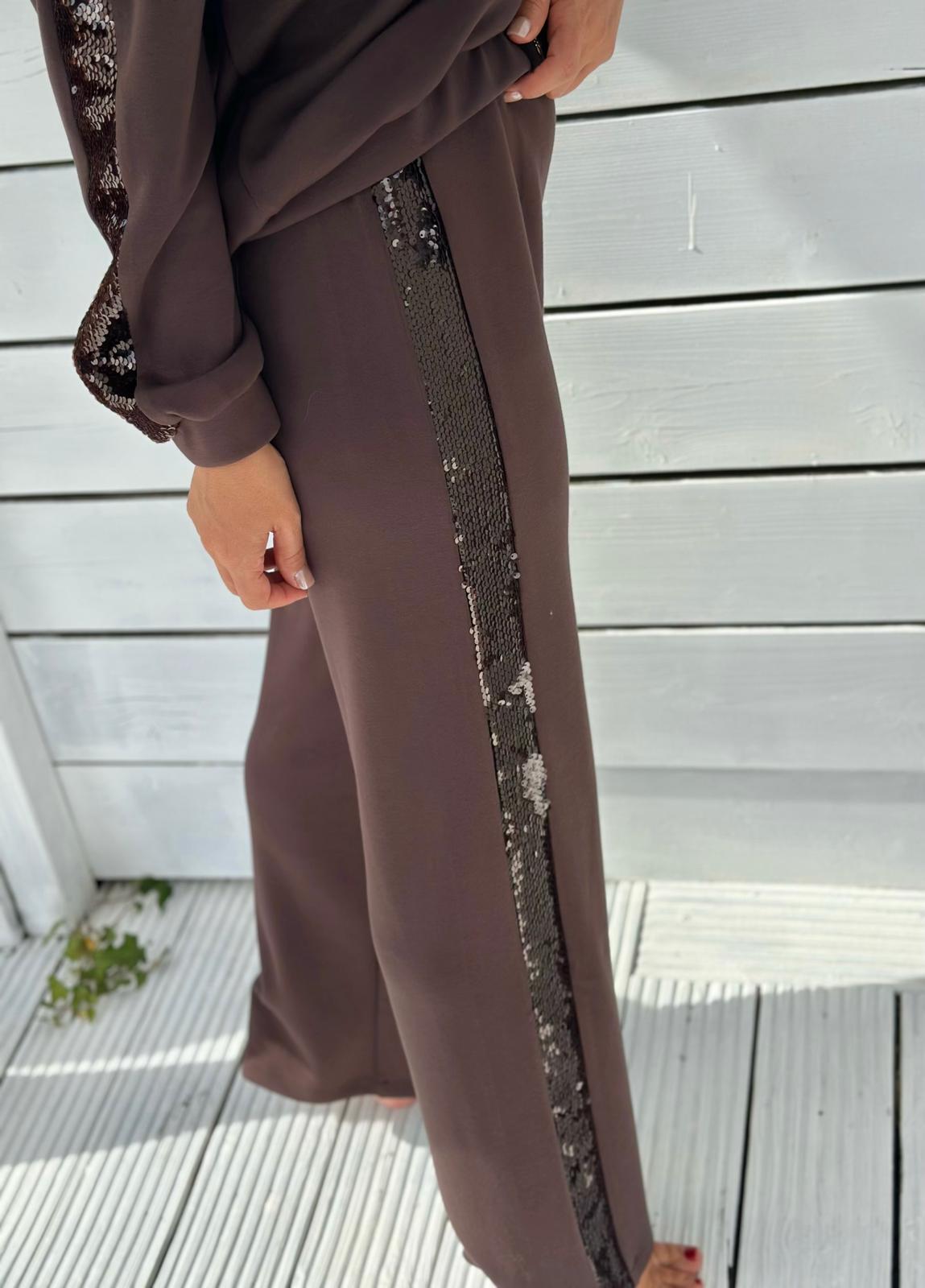 LEO & UGO Wide-Leg Hose in Schokobraun mit Paillettenstreifen
