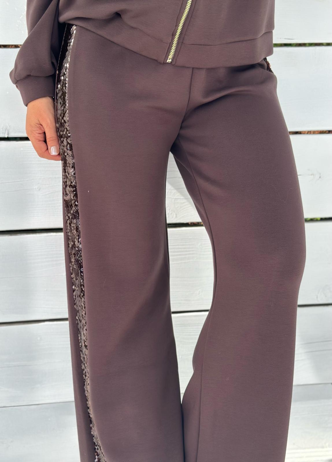 LEO & UGO Wide-Leg Hose in Schokobraun mit Paillettenstreifen
