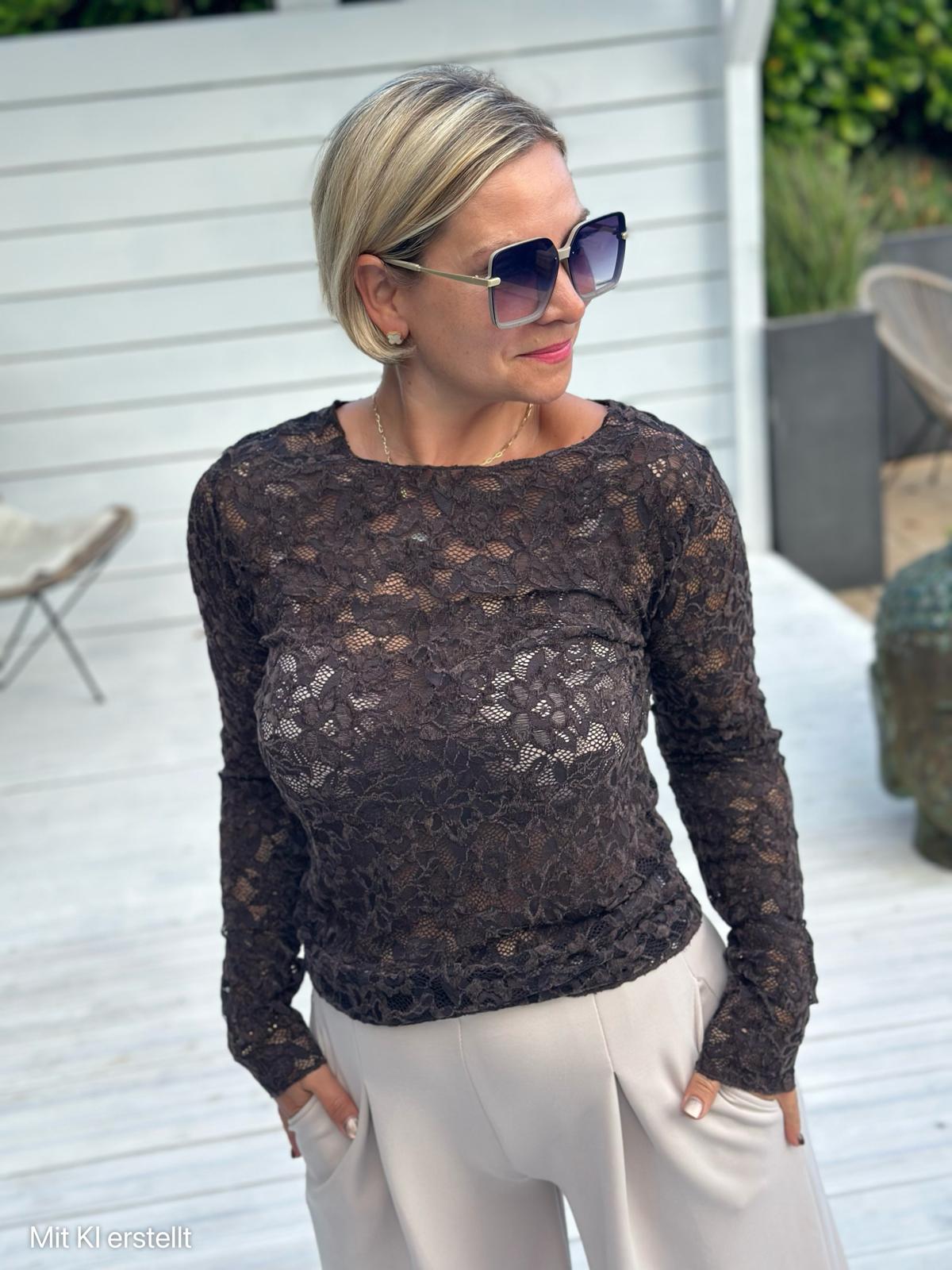 MARRONE LACE – Elegantes Langarmshirt mit floraler Spitze