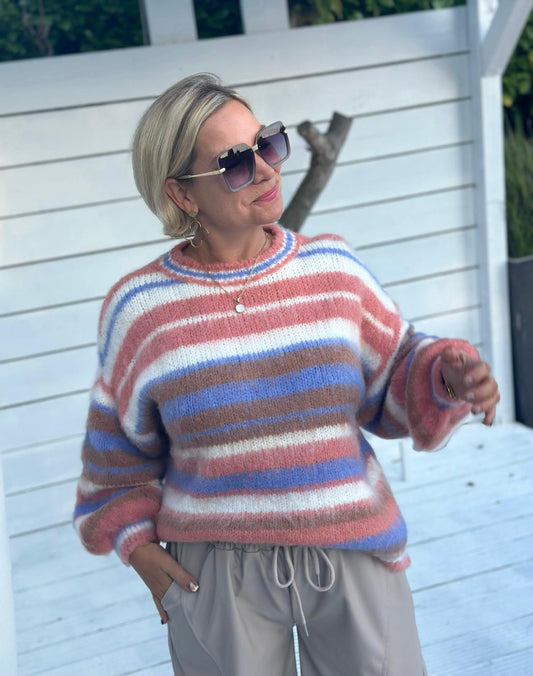 Cozy Strickpullover mit bunten Streifen & Ballonärmeln – Multicolor