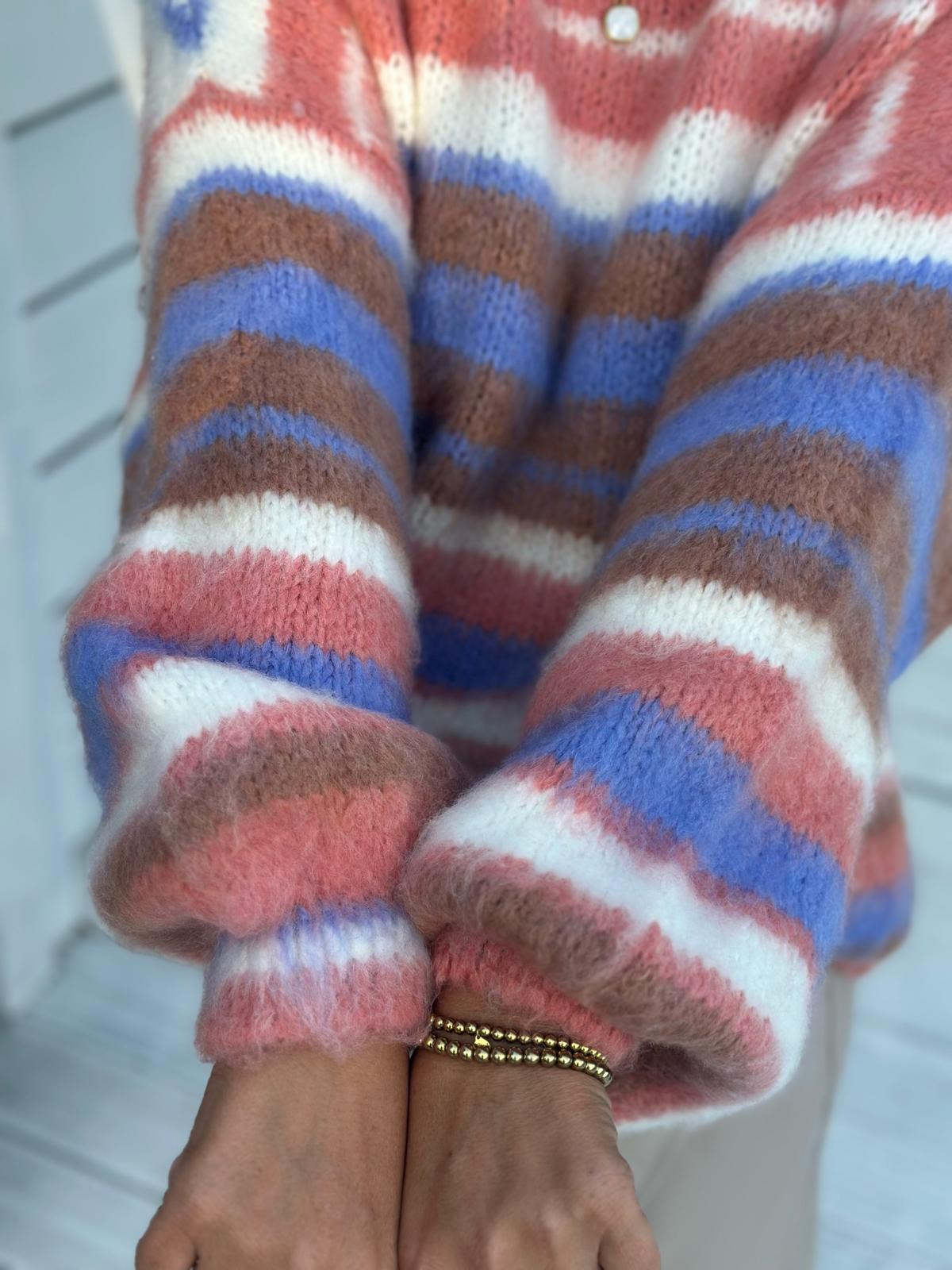 Cozy Strickpullover mit bunten Streifen & Ballonärmeln – Multicolor