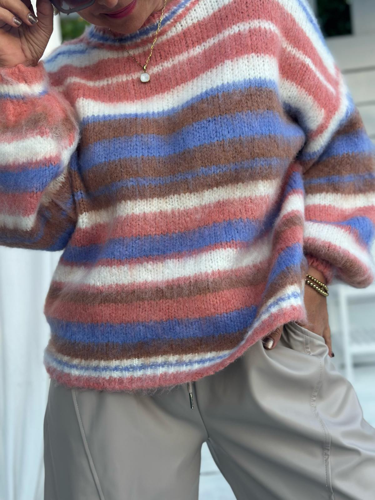 Cozy Strickpullover mit bunten Streifen & Ballonärmeln – Multicolor
