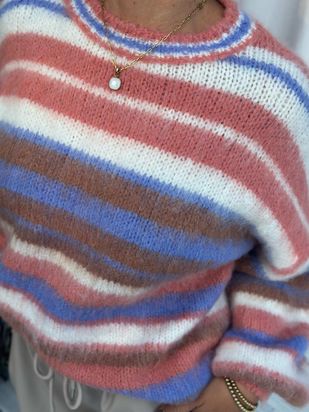 Cozy Strickpullover mit bunten Streifen & Ballonärmeln – Multicolor