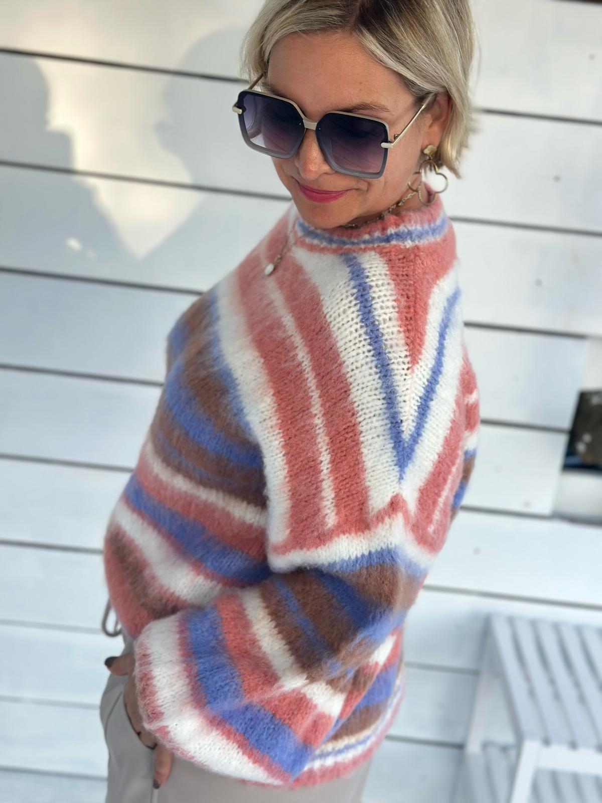 Cozy Strickpullover mit bunten Streifen & Ballonärmeln – Multicolor