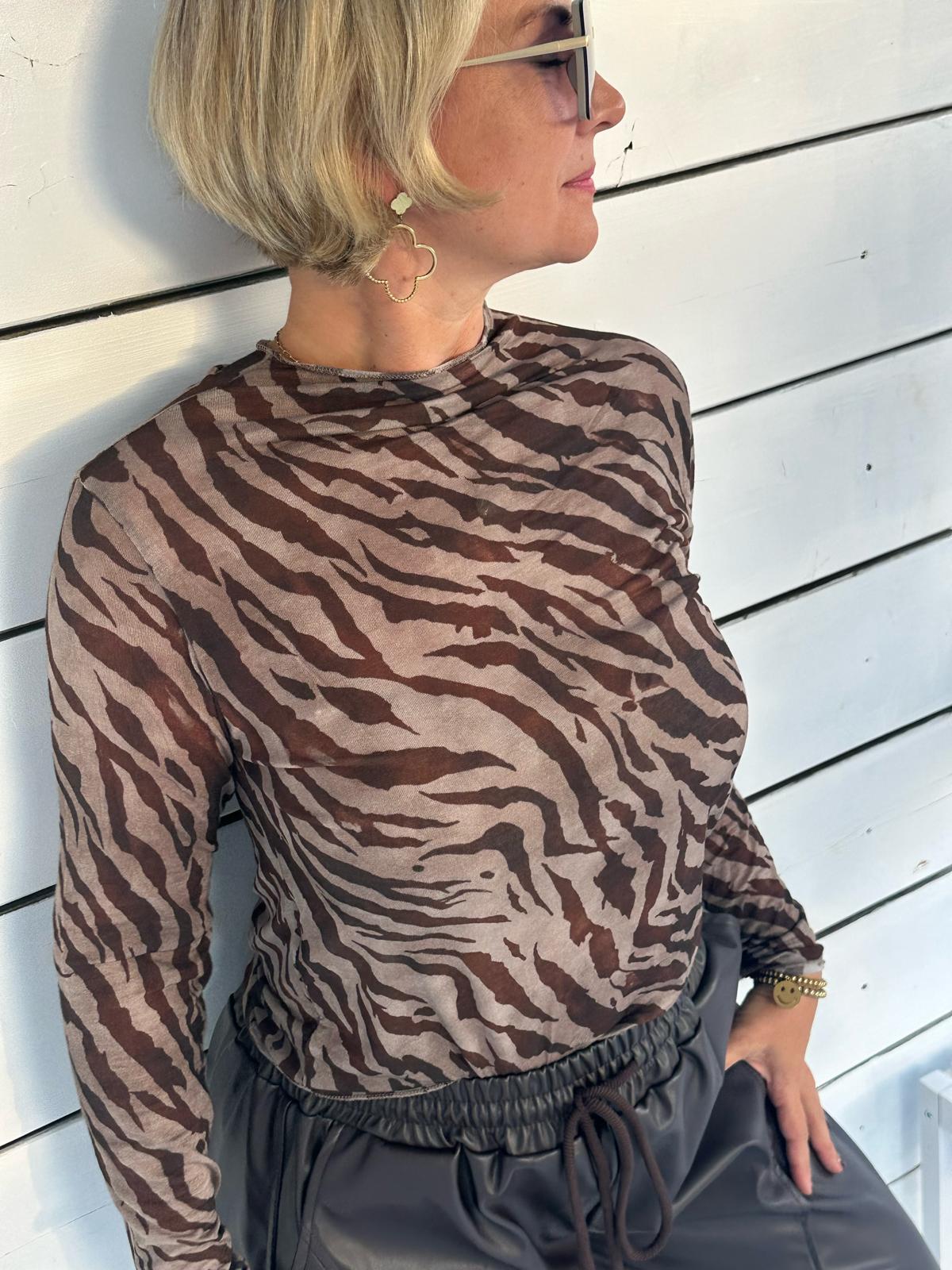 Mesh Longsleeve mit Zebra-Print & Stehkragen – Braun/Beige