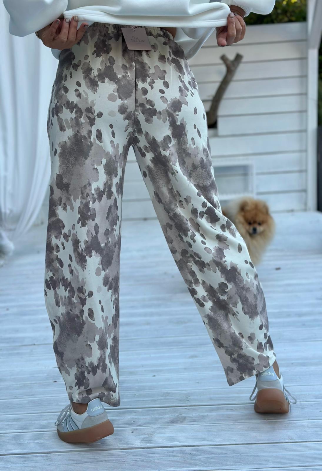 Watercolor Wide Leg Hose mit Batik-Print – Creme/Taupe