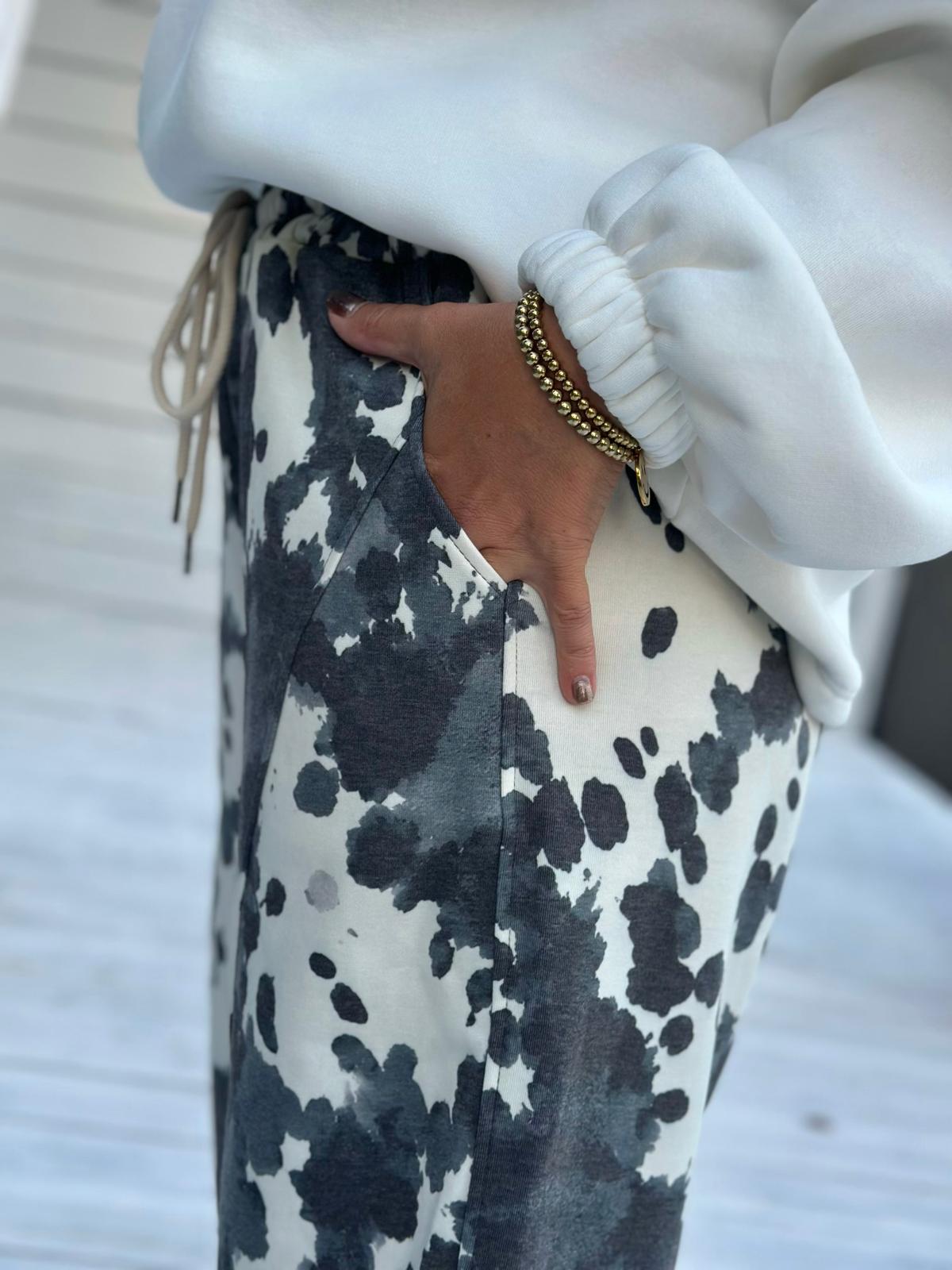 Watercolor Wide Leg Hose mit Batik-Print – Grau/Snow