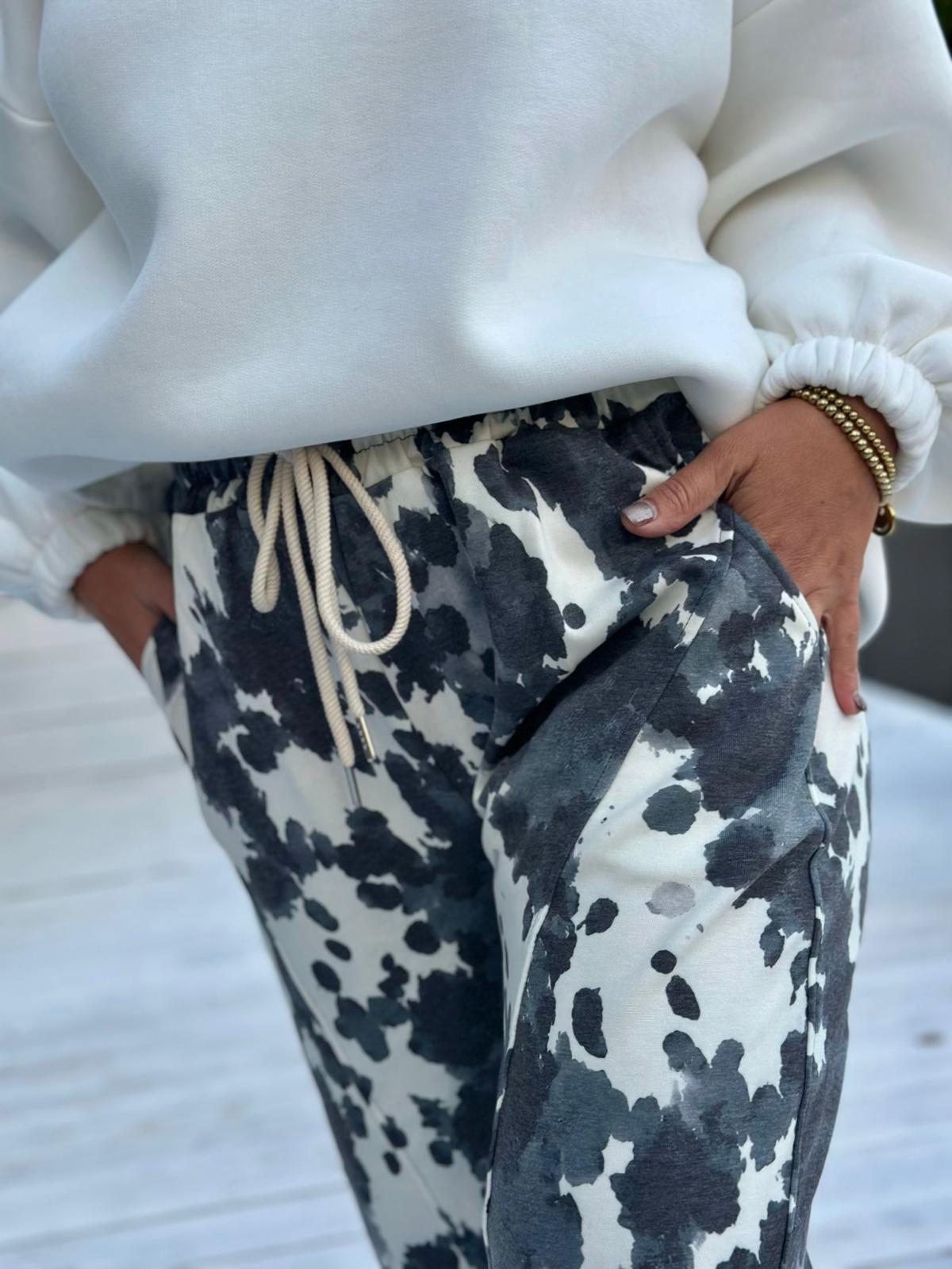 Watercolor Wide Leg Hose mit Batik-Print – Grau/Snow