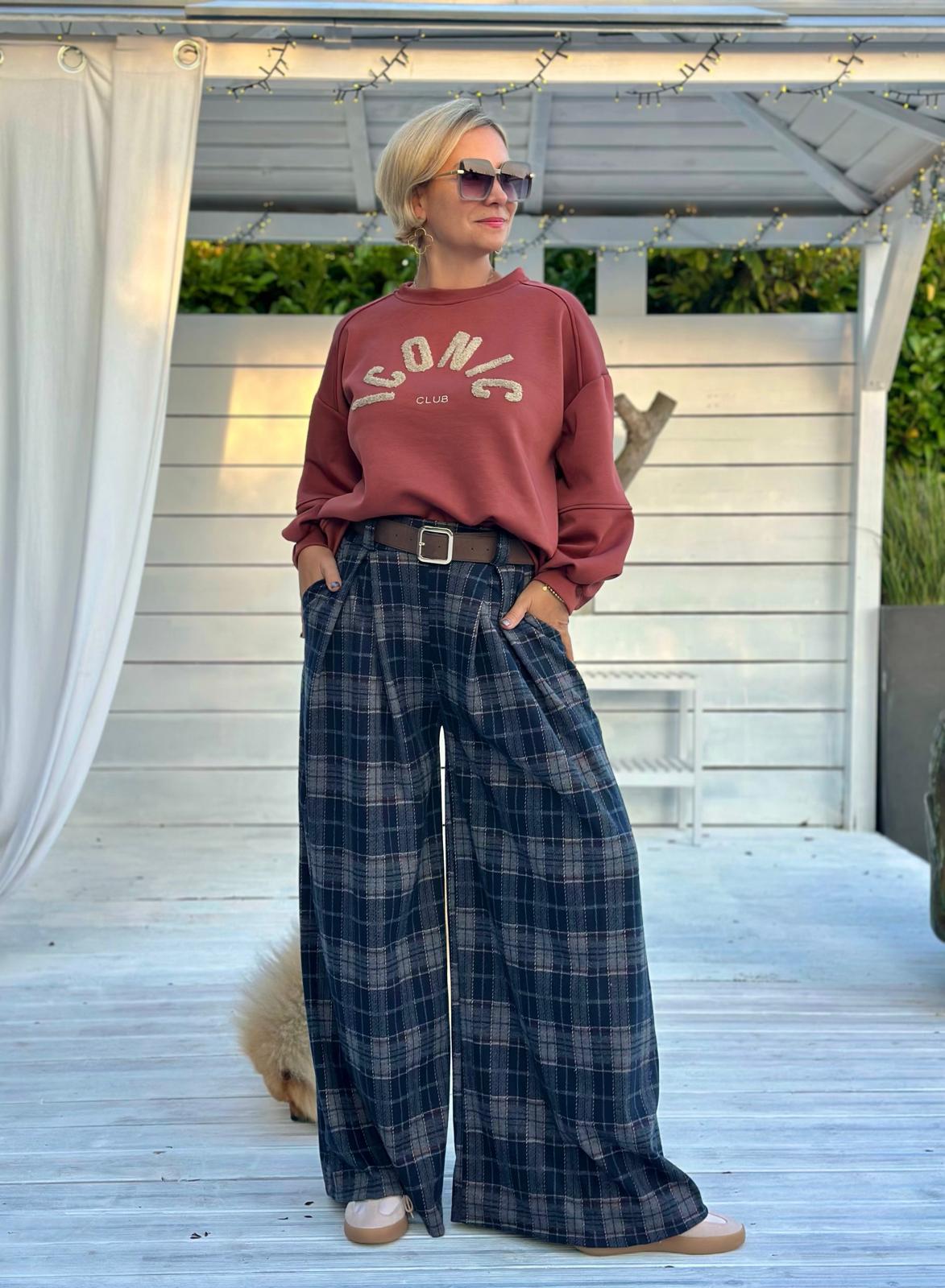 Karierte Marlenehose mit Bundfalten im Wide-Leg-Style