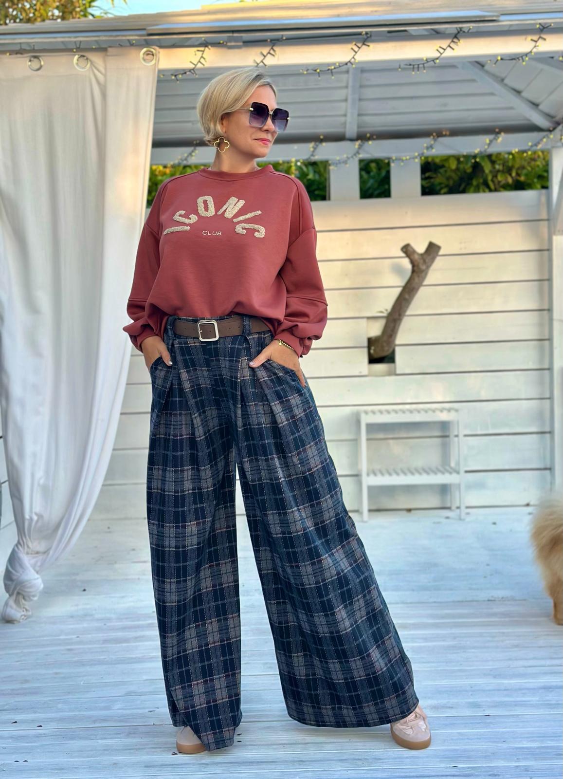 Karierte Marlenehose mit Bundfalten im Wide-Leg-Style