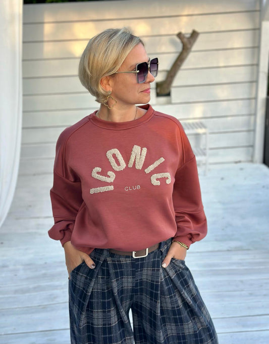 ICONIC CLUB Sweatshirt mit Teddy-Stickerei – Rostrot
