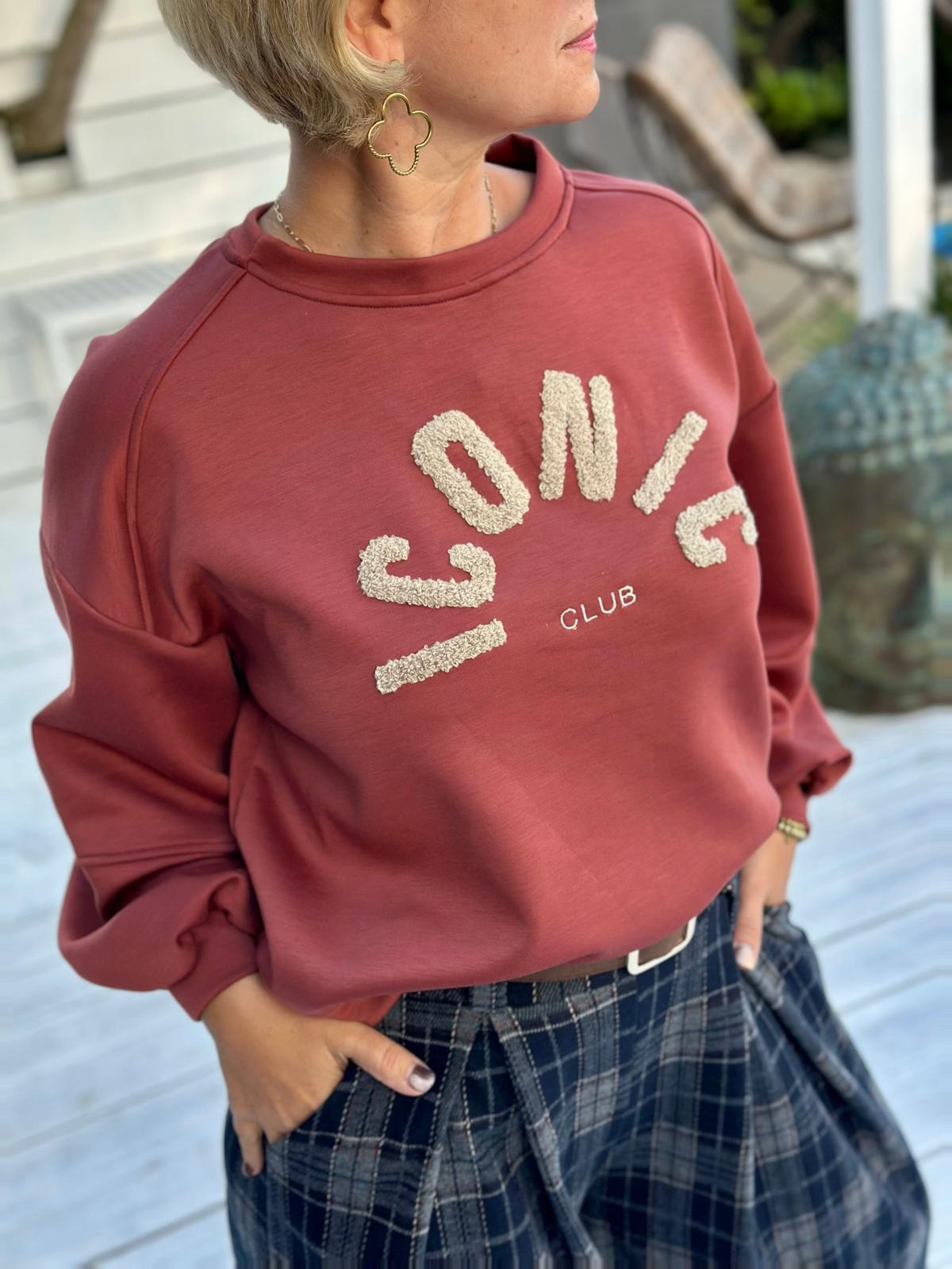 ICONIC CLUB Sweatshirt mit Teddy-Stickerei – Rostrot