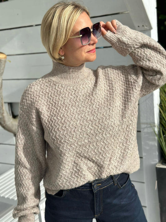 LEVETEE Strickpullover mit Wellenmuster & Stehkragen