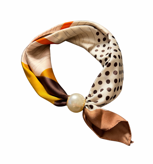 Halstuch Satin Mix – Beige & Braun mit Perlenverschluss