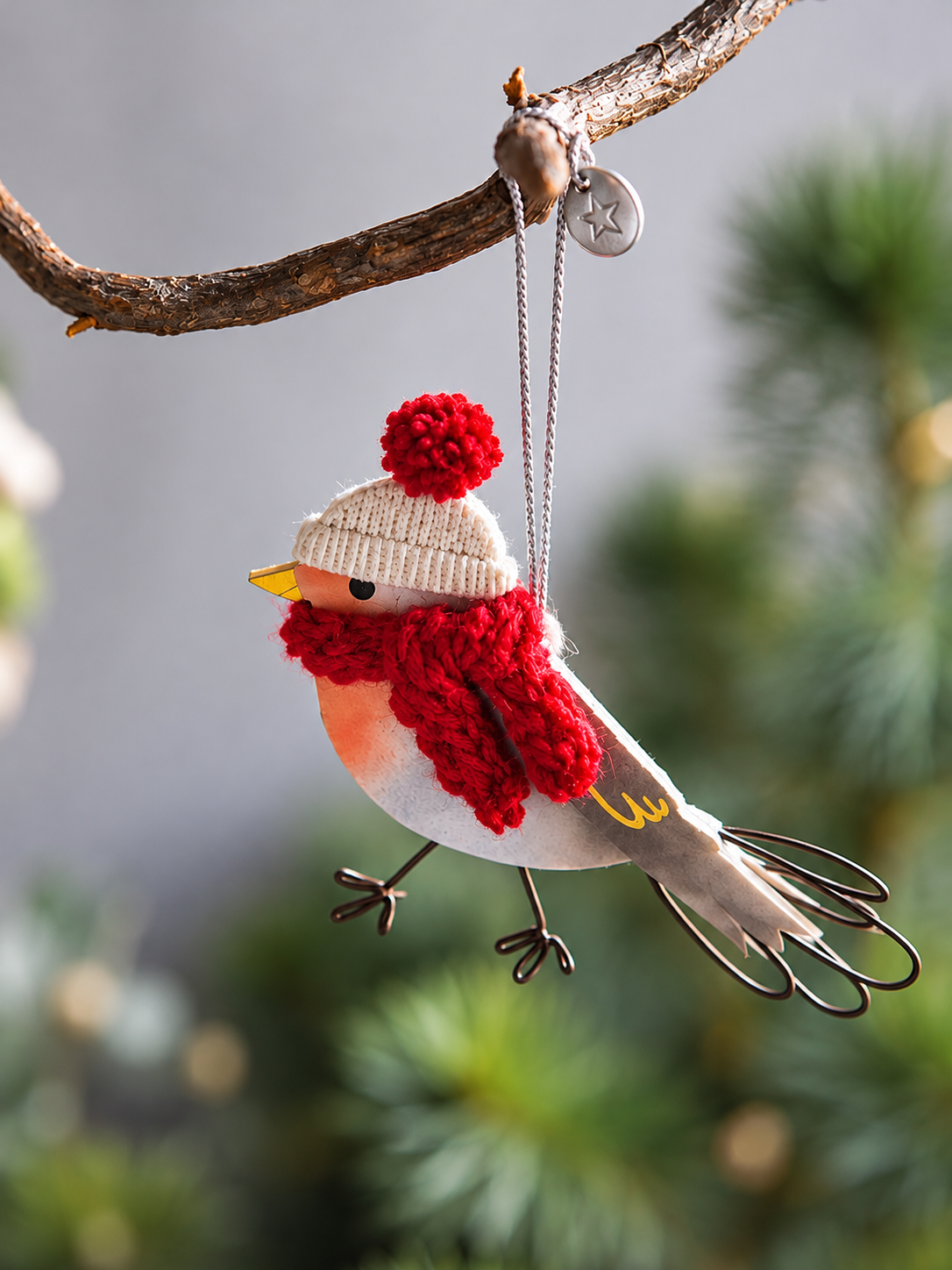 Mini Wintervogel mit Strickmütze & Schal – Rot